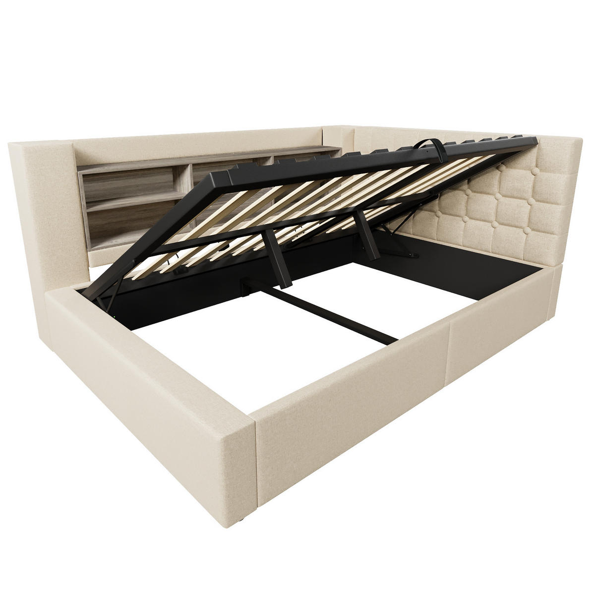 POLSTERBETT aus Leinenstoff 140x190 cm Beige mit LED-Beleuchtung, Ladeanschlüssen und Stauraum - Beige, Textil (140/190cm) - IVMEU