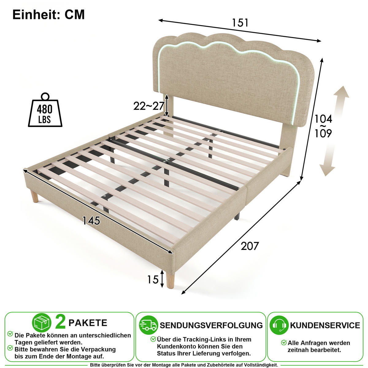 POLSTERBETT 140/200 cm in Beige mit LED und Verstellbarem Kopfteil Leinen - Beige, Holzwerkstoff/Textil (140/200cm) - CHICFURN