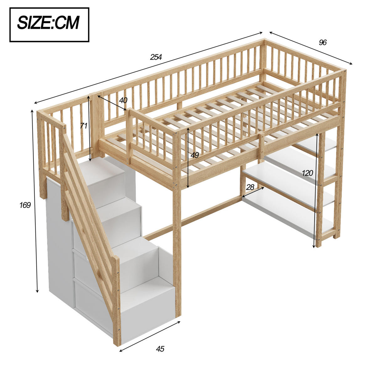 HOCHBETT 90/200 cm mit Kleiderschrank, Regalen und Sicherheitsleiter, farbe - Naturfarben, Holzwerkstoff (90/200cm) - Redom