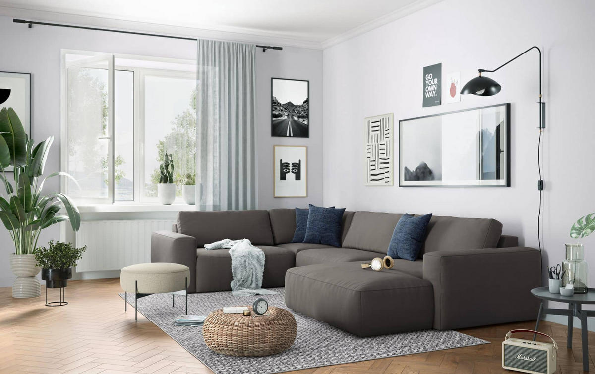 WOHNLANDSCHAFT mit wasserabweisendem Stoff - Dunkelgrau/Anthrazit, Holz/Kunststoff (367/89/249cm) - Cotta