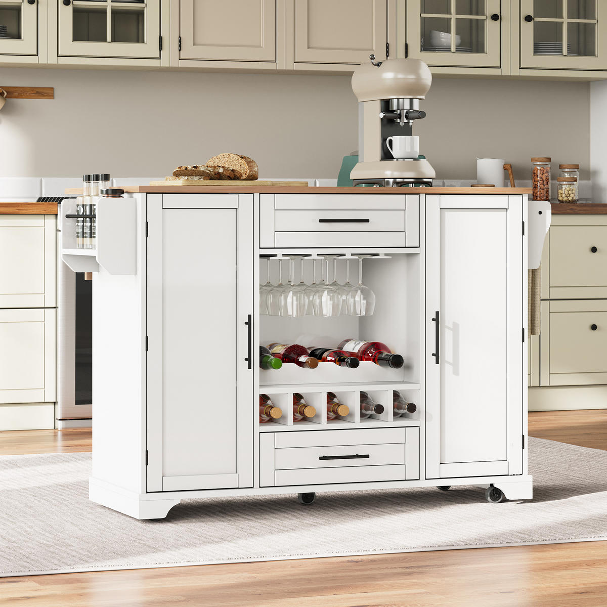 KÜCHENINSEL 138x70x92cm Weiß mit Ausziehplatte, Weinregal, Schubladen & Rollen - Weiß, Holzwerkstoff (138/92/70cm) - Modfu