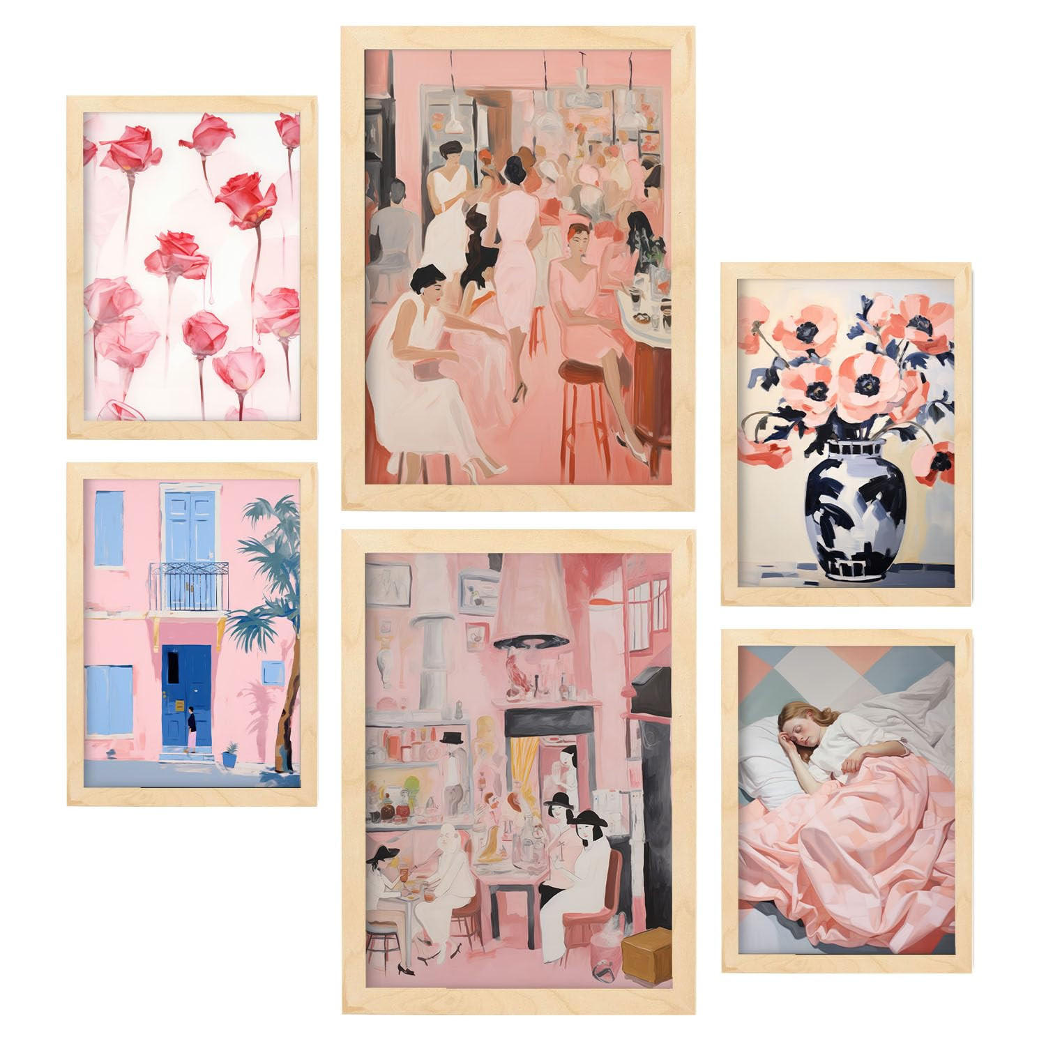 POSTER Set Mit 6 Warm Nach Hause In Vielseitiger A3 & A4 Rahmen Aus Hellem Holz - Beige, Papier (29/3cm) - Nacnic