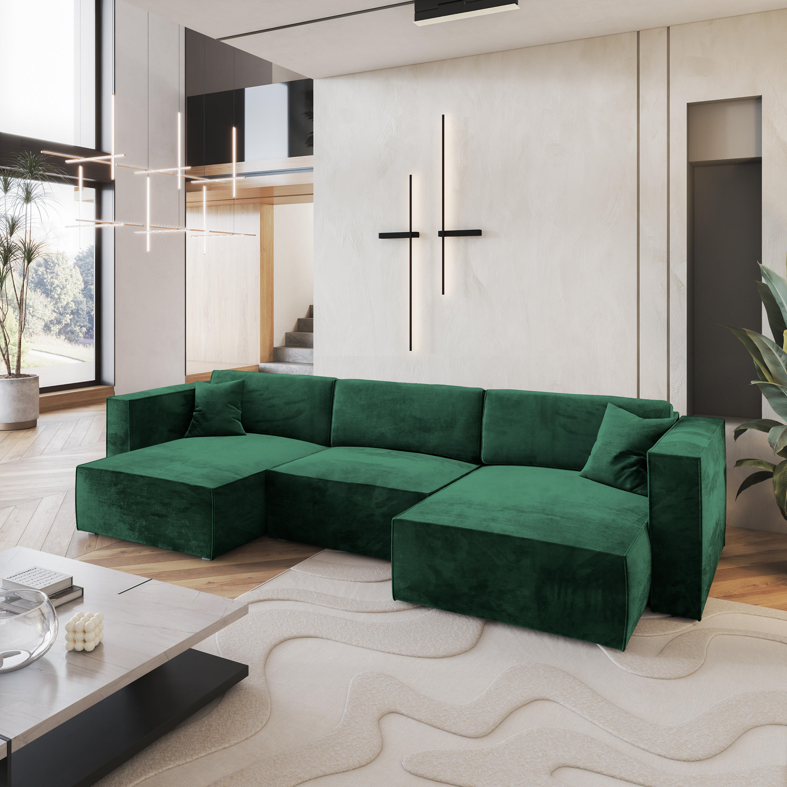 WOHNLANDSCHAFT SARMO M Grün Velours-Stoff mit Schlaffunktion - Grün, Holz (347/70/148cm) - MASSENO