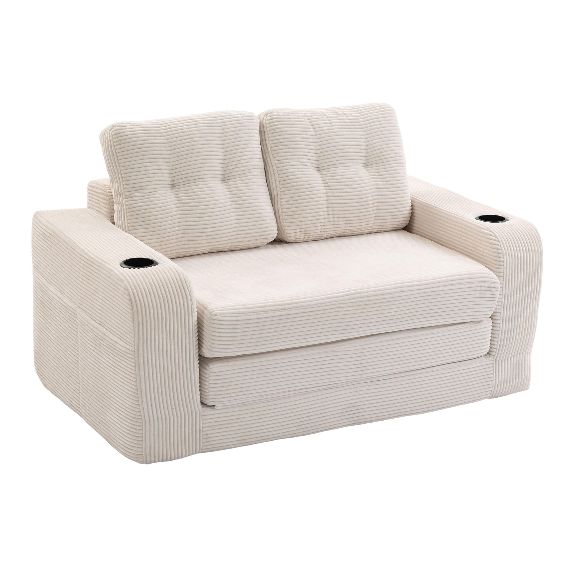 2-SITZER SOFA Cord Beige mit Getränkehaltern und Seitentaschen - Beige, Textil (136/82.5/80cm) - WISHDOR