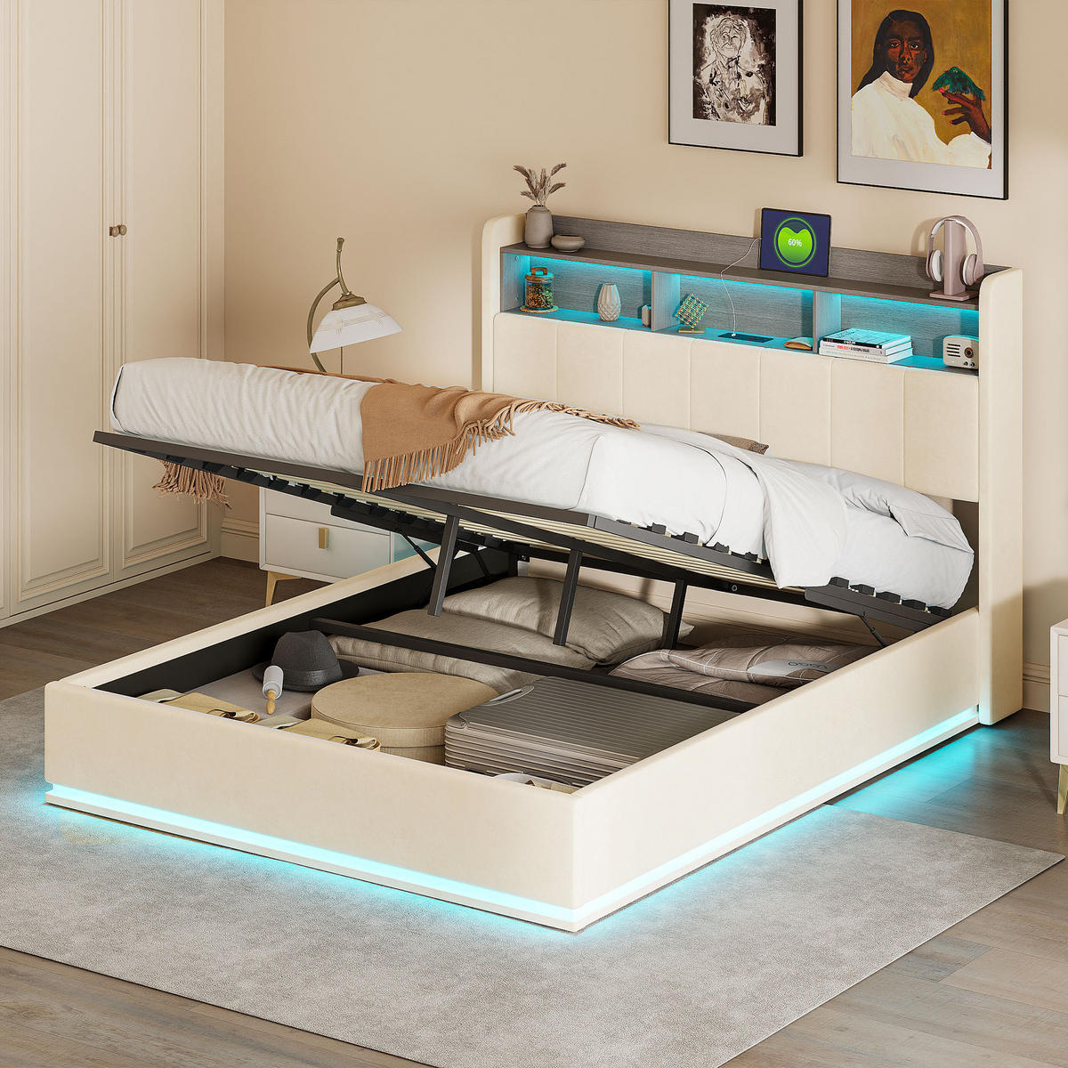 POLSTERBETT 140x190 cm Samt mit LED Kopfteil, Lattenrost und USB Typ-C Funktion - Weiß, Holzwerkstoff (140/190cm) - Novahome