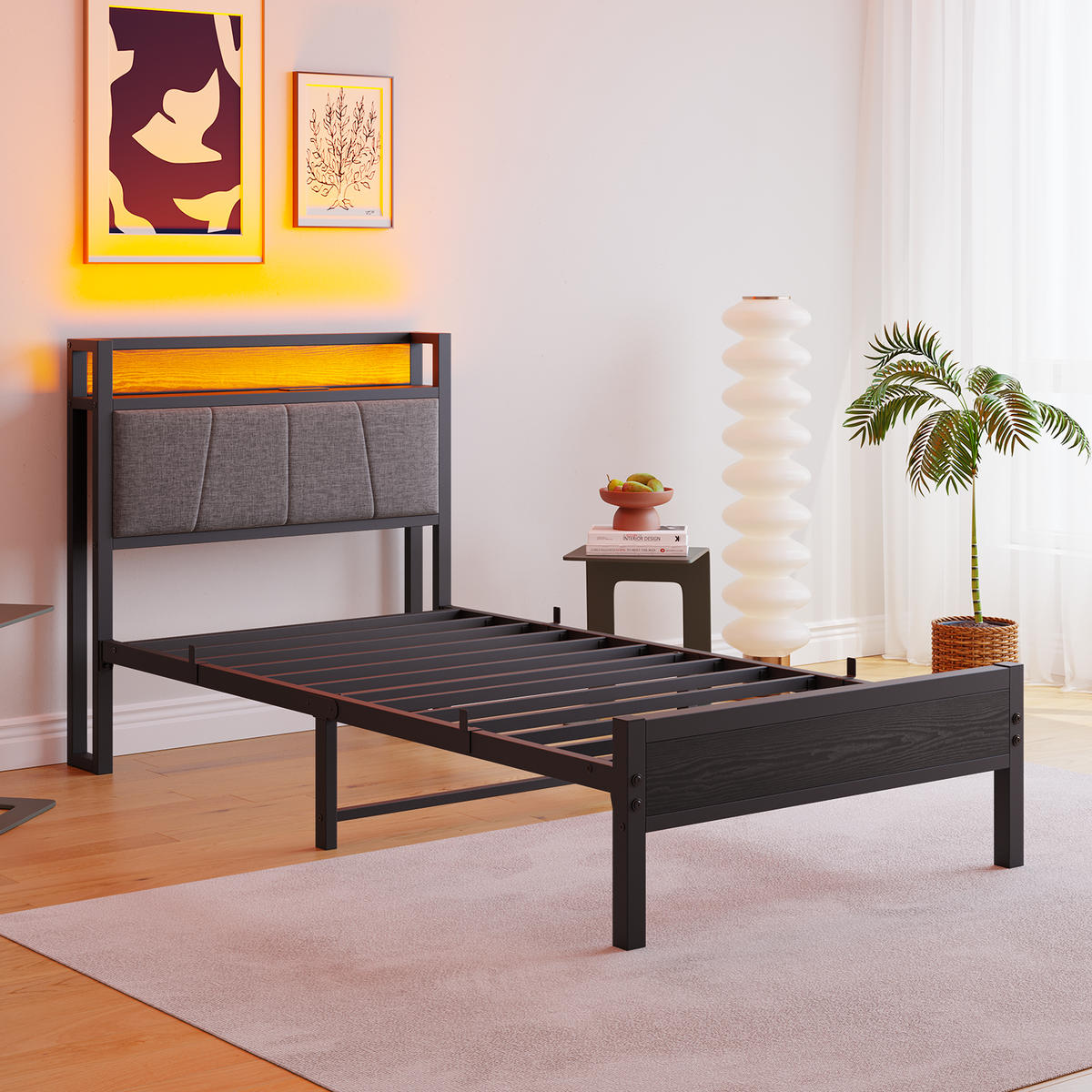 METALLBETT 90x200 cm LED USB Stauraum - Schwarz, Holzwerkstoff (90/200cm) - LEBENLANG