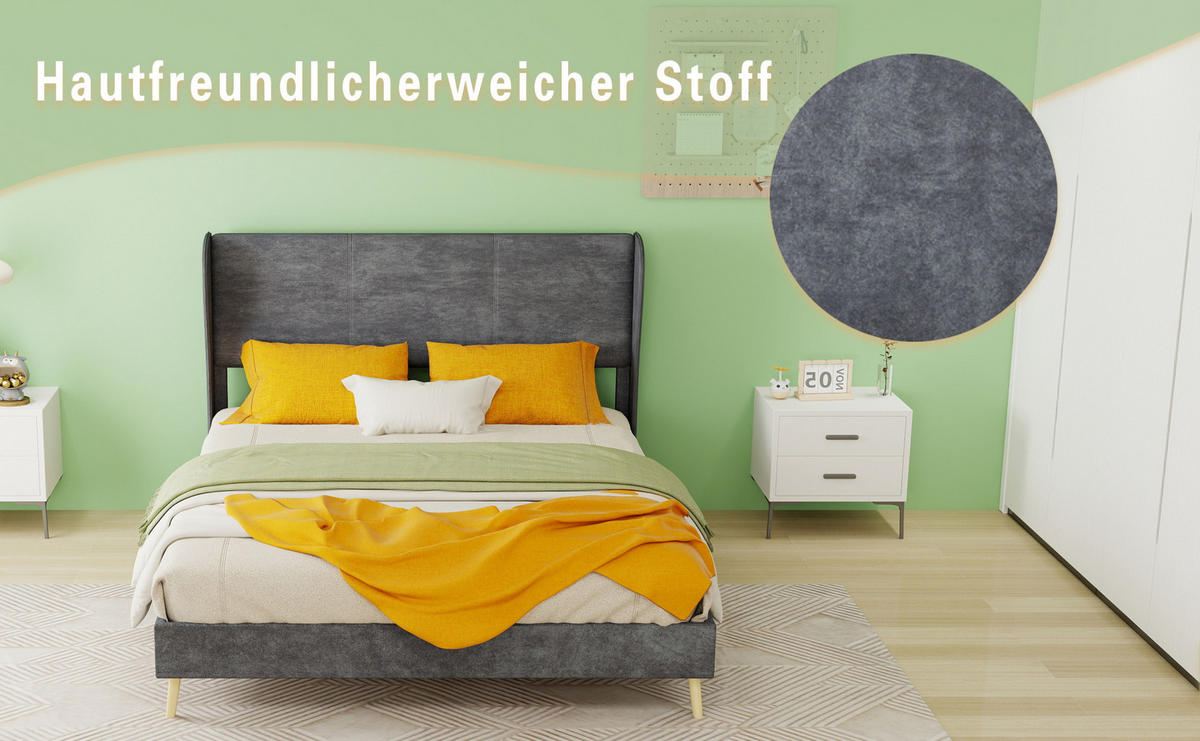 POLSTERBETT 140/200 cm mit gepolstertem Kopfteil und Matratze, Grau - Grau, Textil (140/200cm) - Redom