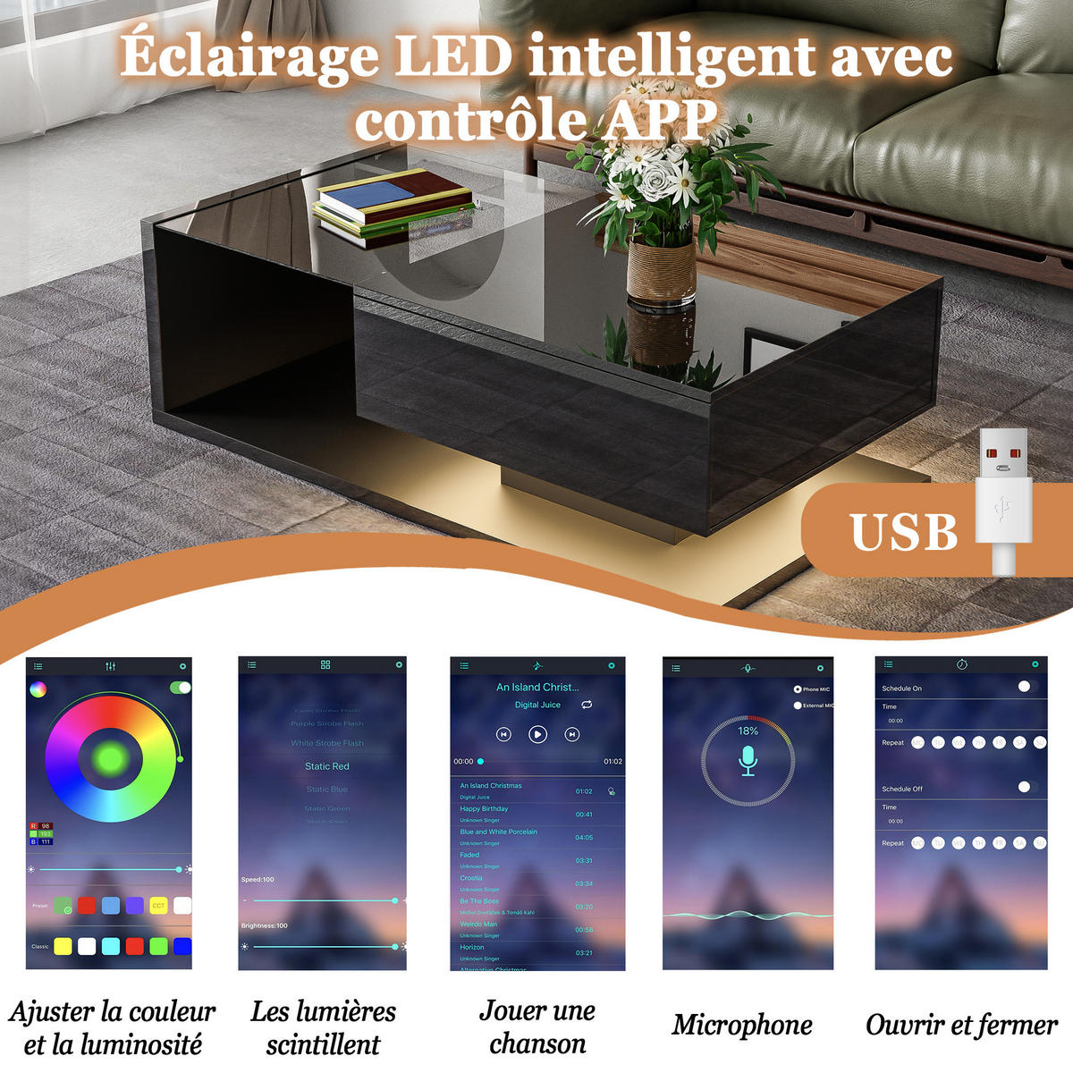 COUCHTISCH Schwarz LED-Beleuchtung 105/55/32,5 cm - Schwarz, Holzwerkstoff (55/105/32.5cm) - PANGIVO