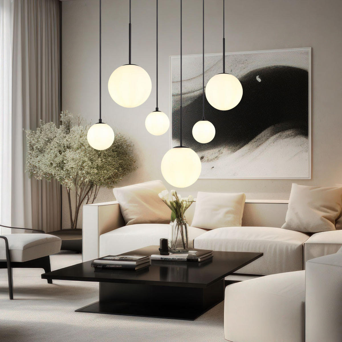 LED HÄNGELEUCHTE HALLIE Schwarz Opalglas - Schwarz, Glas (91/20/117cm) - Globo Lighting