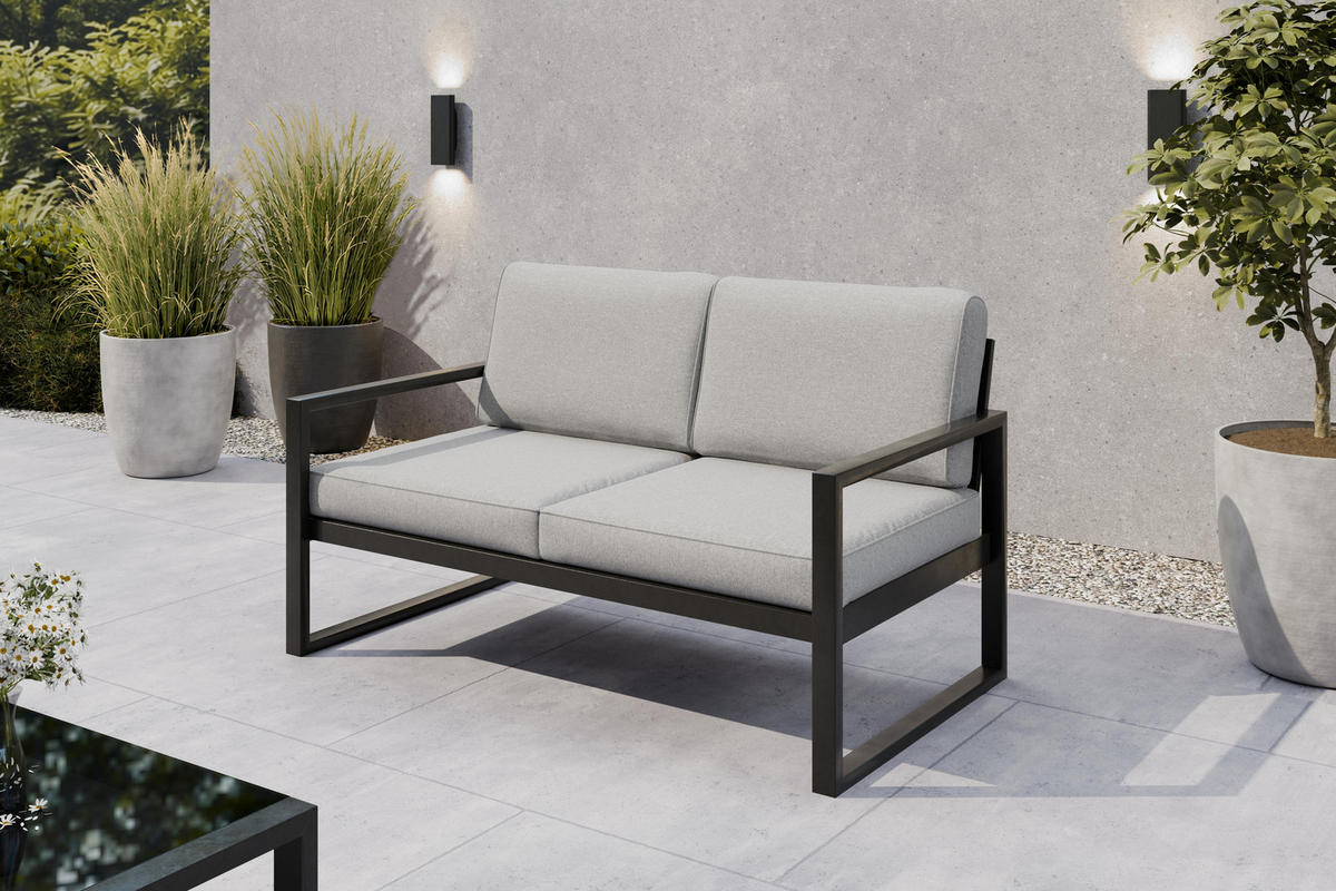 GARTENSET Madera für 6 Personen Balkonmöbel Aluminium Terassenmöbel Sitzbank, 4-tlg. Tisch schwarz, hellgrau - Hellgrau/Schwarz, Kunststoff/Metall - Margaret Hadas24