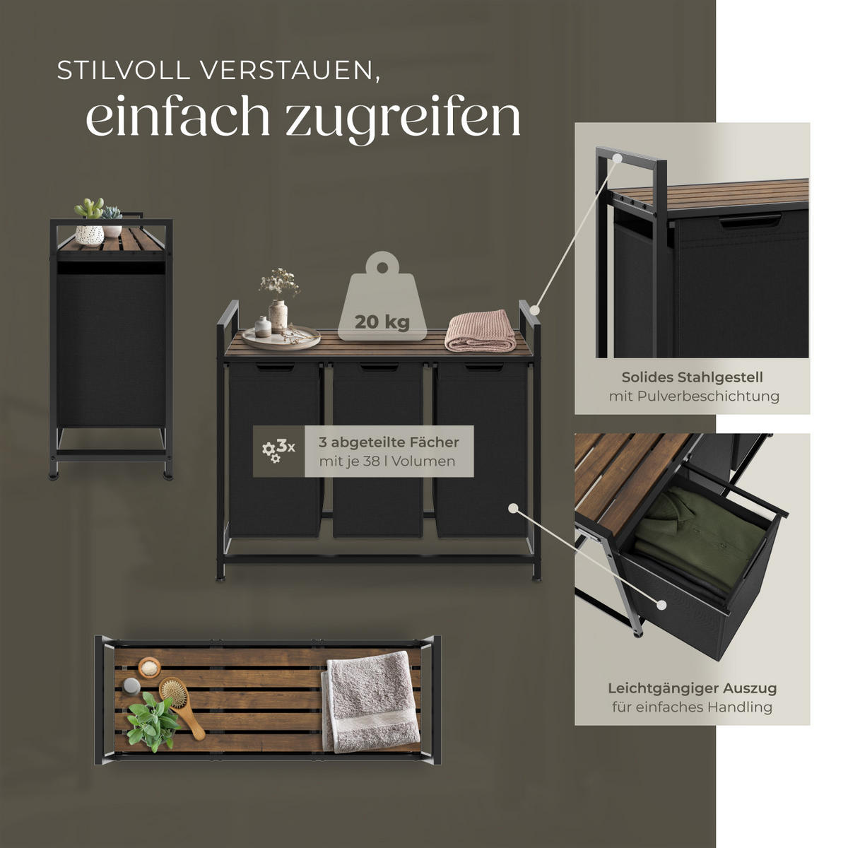 WÄSCHESORTIERER, höhenverstellbare Kunststofffüße,schwarz/braun - Schwarz/Braun, Metall (93.5/72/34cm) - tectake
