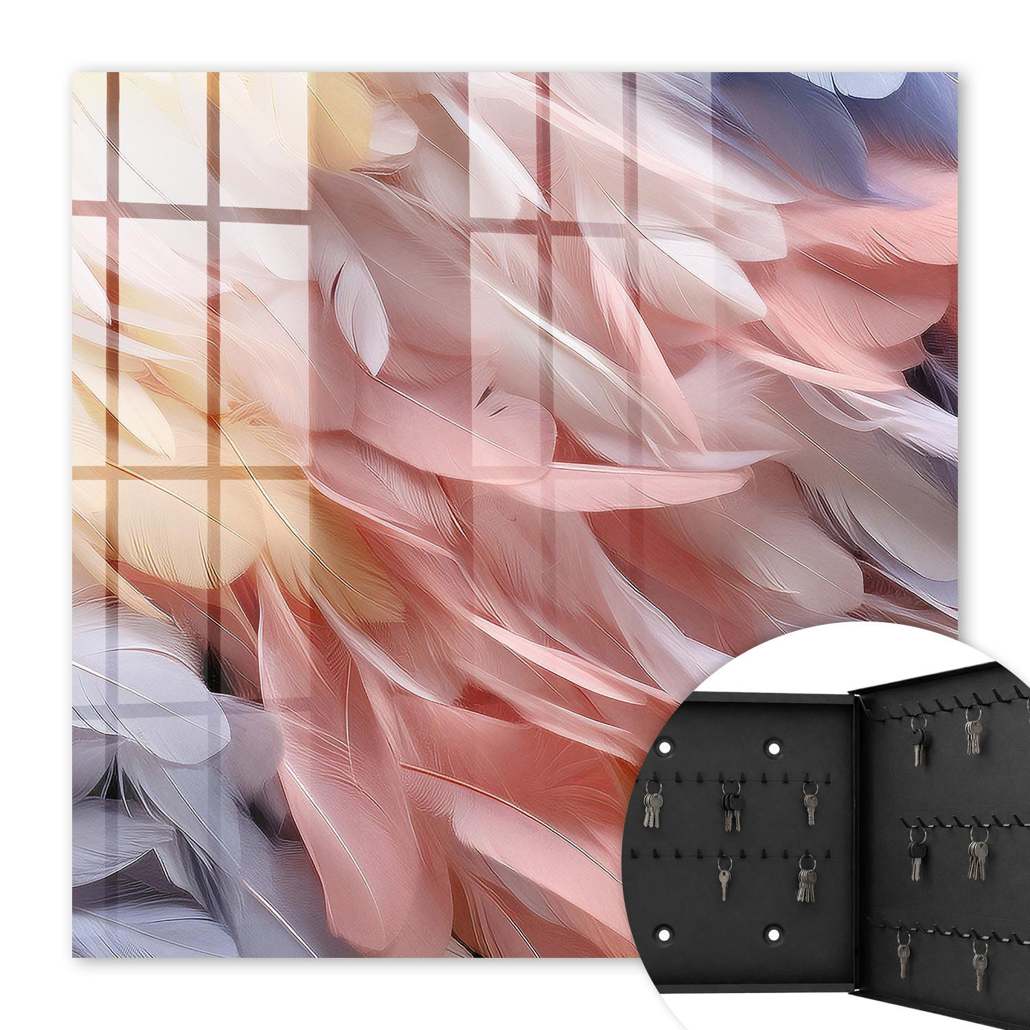 SCHLÜSSELBOX Schwarz 30x30 cm- Türöffnung nach rechts - Pastellfarbene Federn - Pink, Metall (30/30/5cm) - TULUP