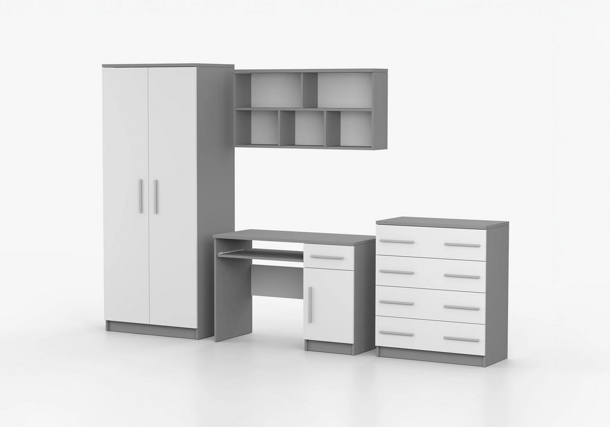 JUGENDZIMMER Arivo in Weiß und Grau 4 teilig Kinderzimmer Komplett Set mit Kleiderschrank, Schreibtisch, Kommode und Wandregal - Weiß, Holzwerkstoff (80/200/120cm)
