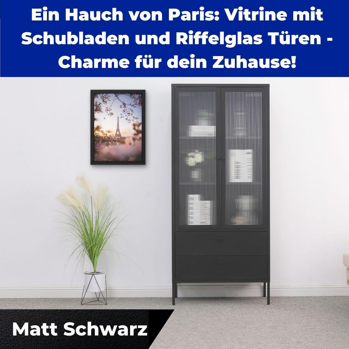 VITRINE PARIS Metall Schwarz mit Schubladen und Türen 80/35/180 cm - Schwarz, Metall (35/180/80cm) - Mein-Regal