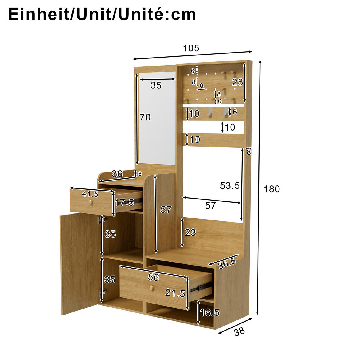OMARA za oblačila 105/38/180 cm z ogledalom, 2 predaloma, zaprtim prostorom in odprto polico, Wood - naravne barve, leseni material (38/180/105cm) - Redom