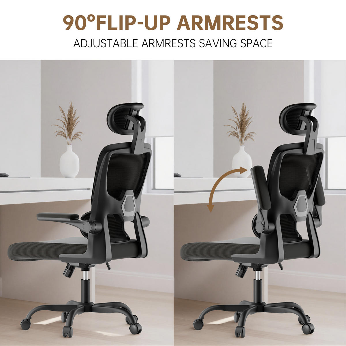 BÜROSTUHL Schwarz ergonomisch mit klappbaren Armlehnen - Schwarz, Metall (25/52.5/65cm) - Rattrix