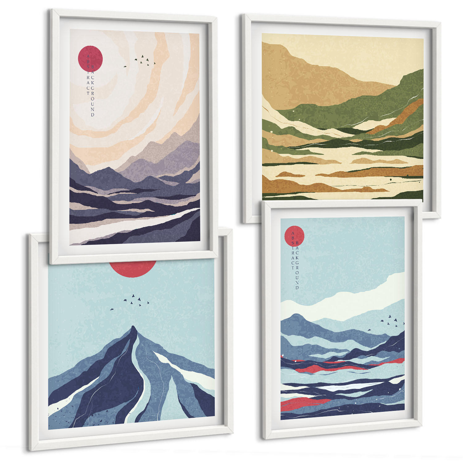 BILDER SET 4er Set - 50x50 cm & 40x60 cm Weißer Rahmen - Abstrakte Berglandschaften - Weiß, Kunststoff (50/50cm) - TULUP