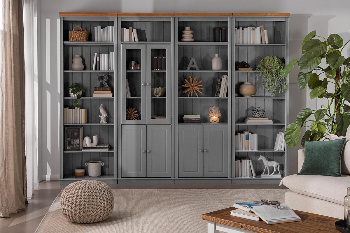 MASSIVE BÜCHERWAND - Massivholz - Kiefer - Kieferfarben/Grau, Holz (296/223/37cm) - home24