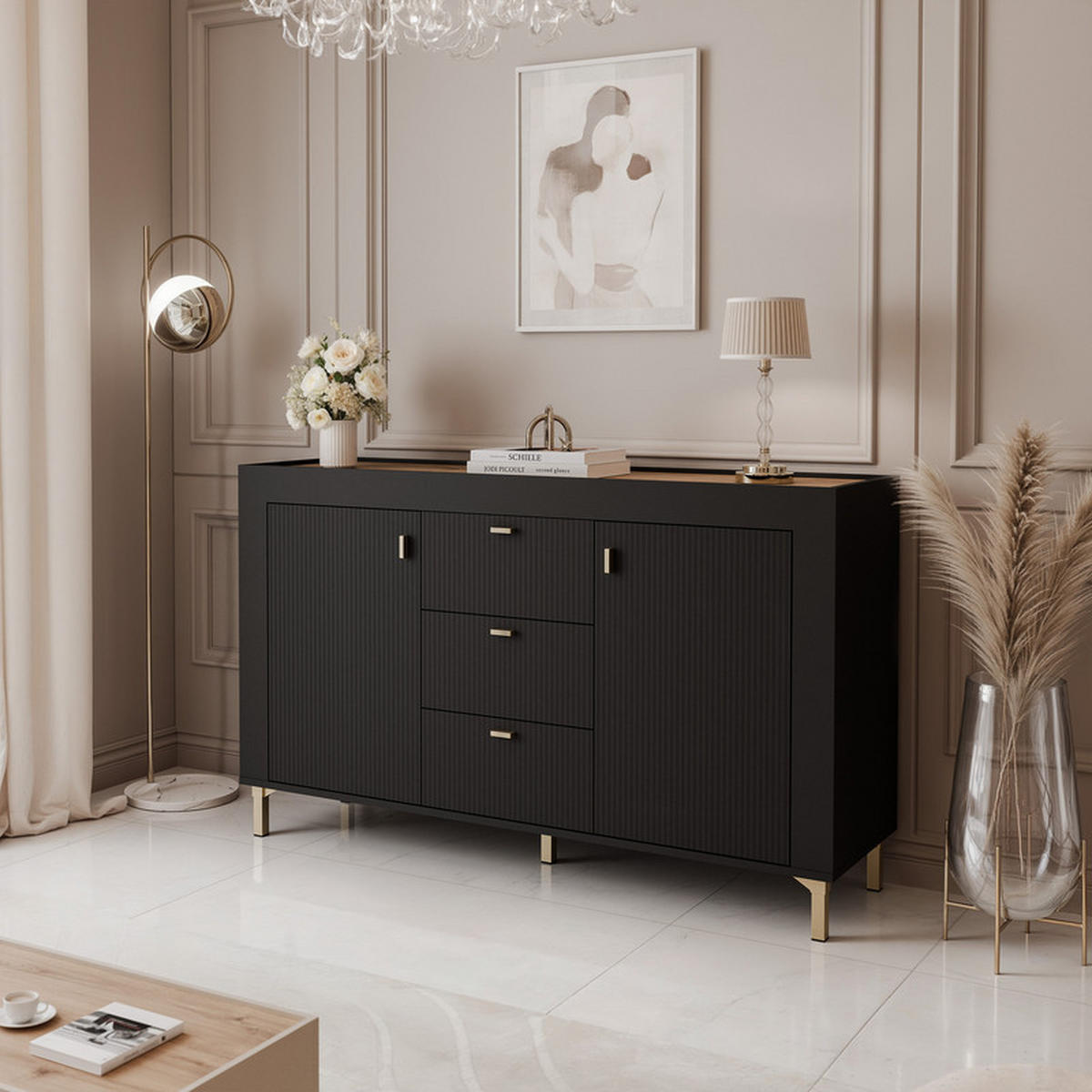 KOMMODE AVENA 137/40/84 cm, 3 Schublade(n), Schwarz / Eiche - Schwarz, Holzwerkstoff/Kunststoff (137/84/40cm) - Idohome