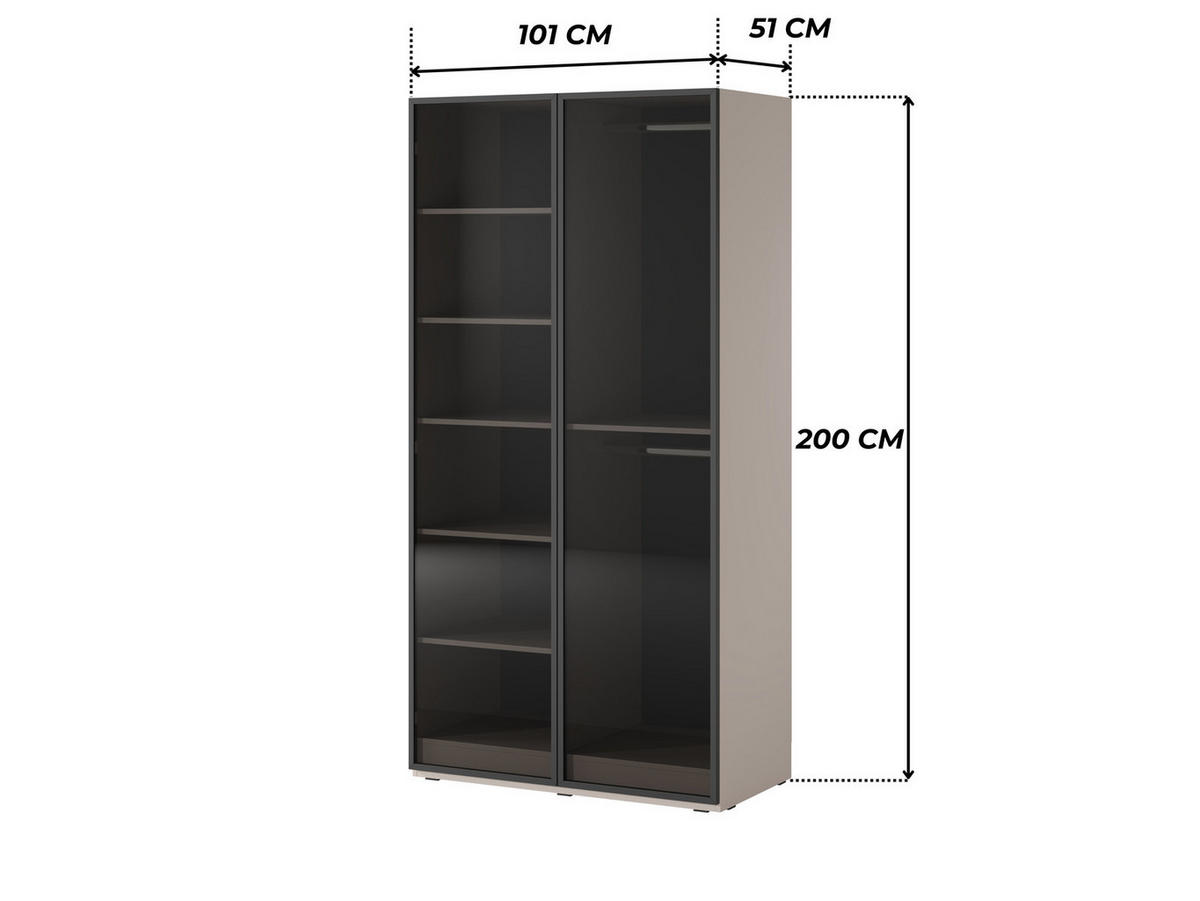 KLEIDERSCHRANK ZEN (Modular, Cashmere Matt, Getöntes Glas Antisol, 2-türig) - Kaschmir/Schwarz, Holz/Holzwerkstoff (101/200/51cm) - Ravio