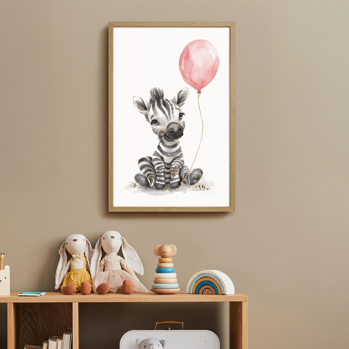 NACHTTISCHLAMPE MIT AKKU Zebra - Baby - Tiere - Rosa Luftballon 40x60 cm - Weiß, Holzwerkstoff (8/40/60cm) - OnlyWow