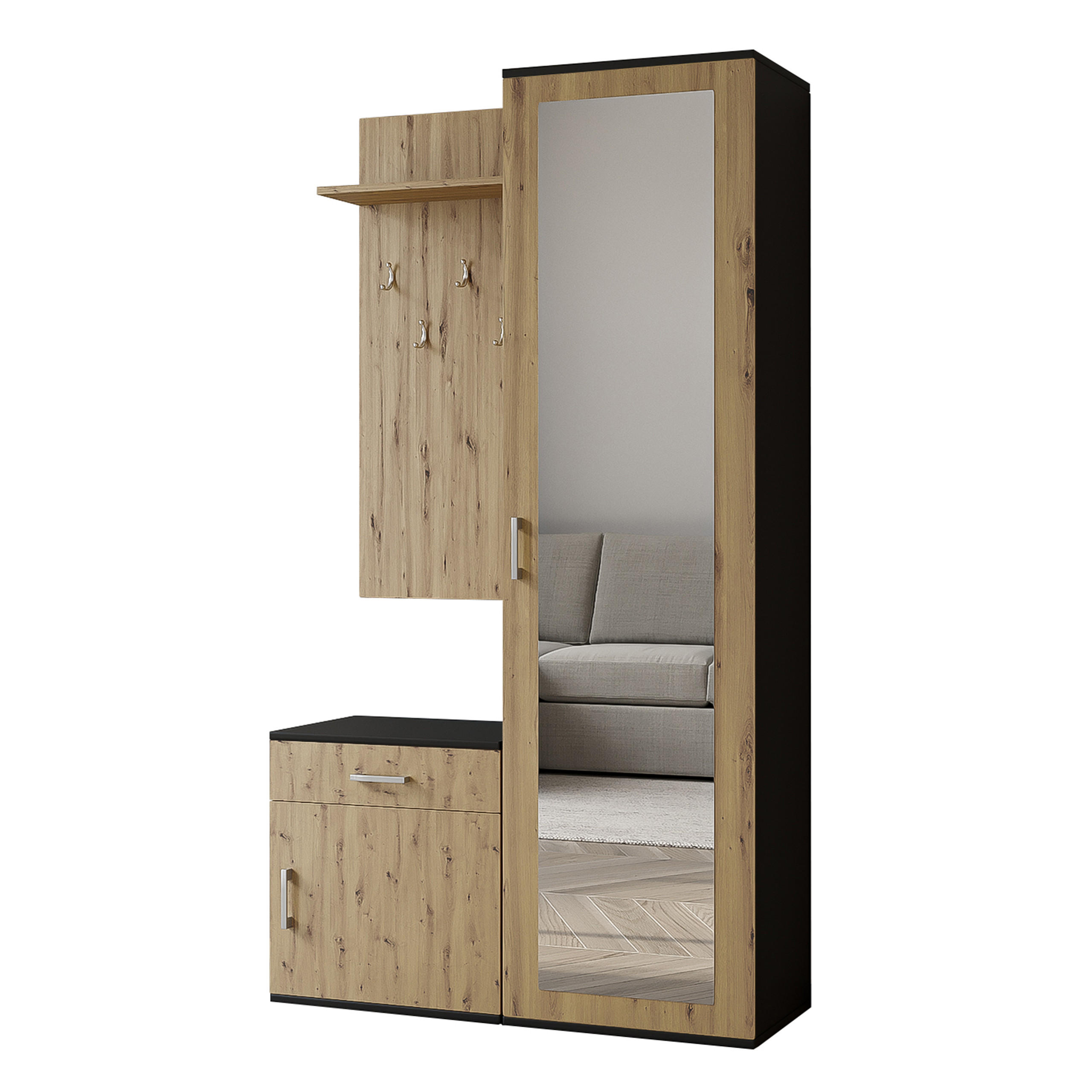 GARDEROBENSCHRANK VENTO 100/180,5/35 cm Modern Garderobe-Set Schwarz - Schwarz/Eiche Artisan, Holzwerkstoff (100/180.5/35cm) - MASSENO