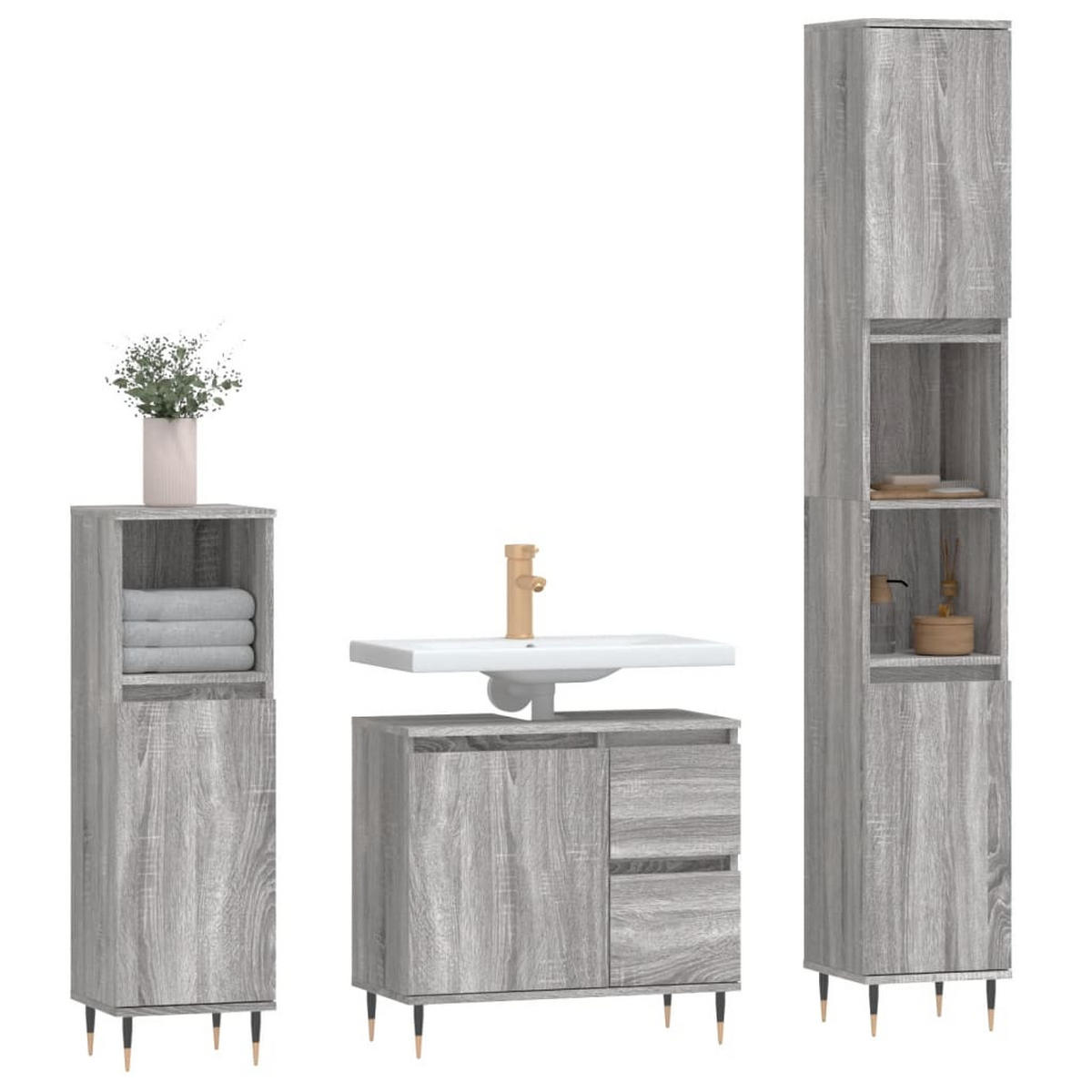 BADMÖBEL-SET 3-TLG. Grau Sonoma Holzwerkstoff - Grau, Holzwerkstoff (30/190/30cm) - vidaXL