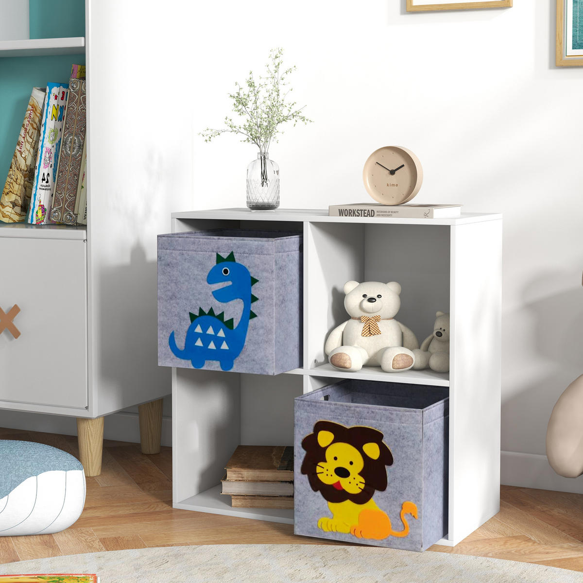 KINDERREGAL Bücherregal mit 2 Aufbewahrungsboxen für Kinderzimmer Weiß+Grau - Weiß, Holzwerkstoff (29.9/61.8/61.8cm) - ZONEKIZ