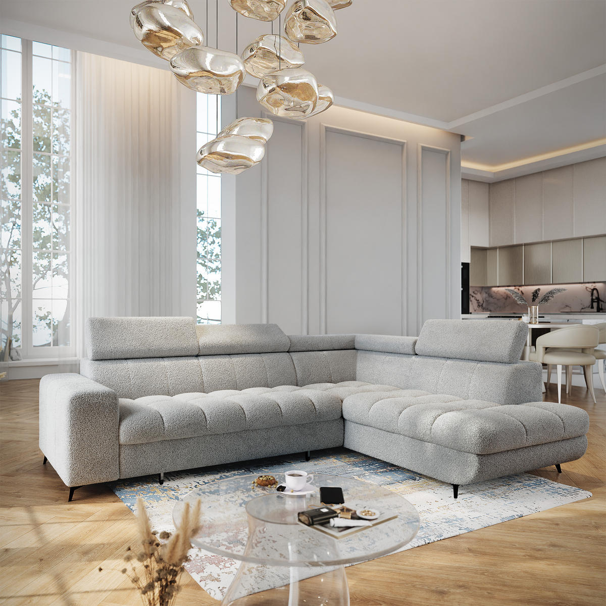 ECKSOFA MORIVA Q R-S Hellgrau Boucle-Stoff mit Schlaffunktion - Hellgrau, Holzwerkstoff/Textil (253/190cm) - MASSENO