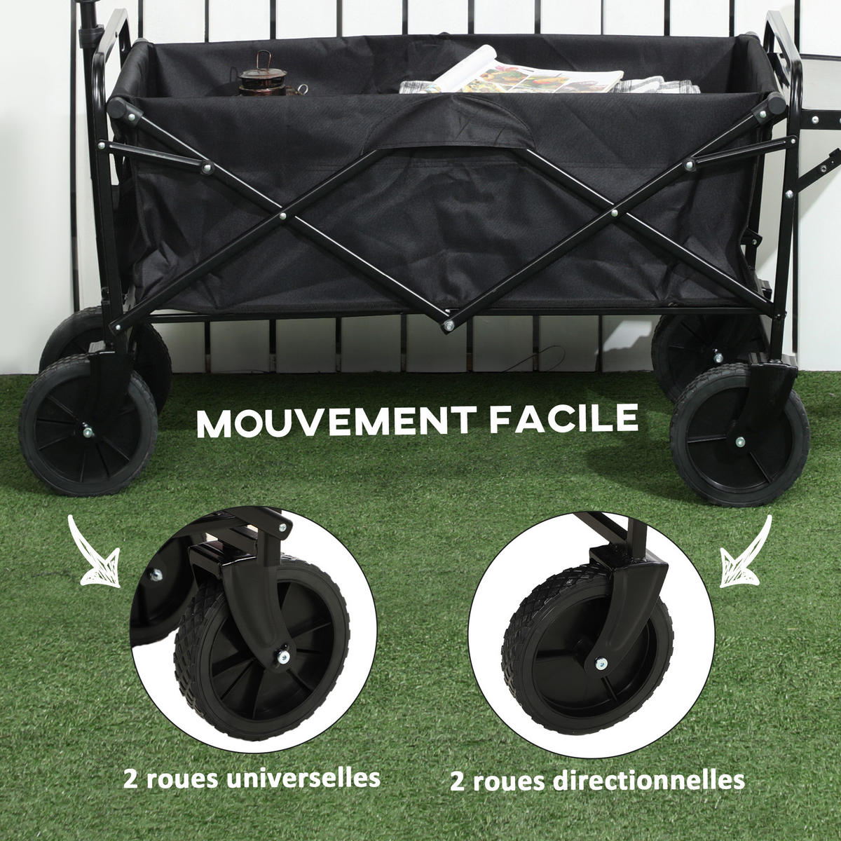 GARTENWAGEN DE-18769 4 Räder, Teleskopgriff & klappbare Ablage Schwarz - Schwarz, Metall (51/100/117cm) - ComfortXL