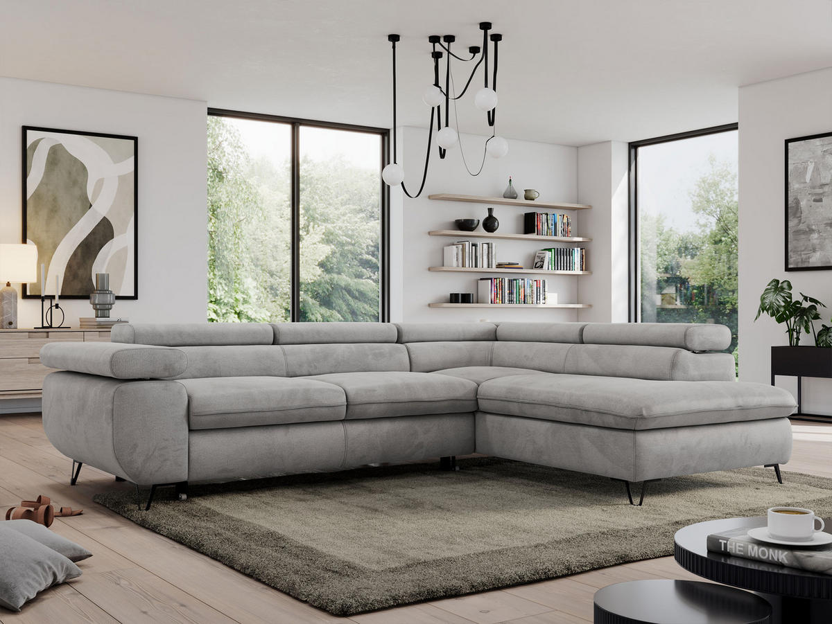 ECKSOFA PEDRO L Hellgrau Velvet - Rechts Seite - Hellgrau/Schwarz, Textil/Metall (273/208cm) - MKS