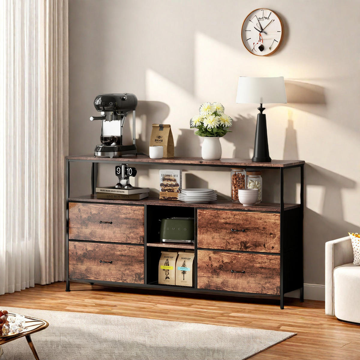LOWBOARD, 108 x 30 x 76.8 cm, mit 4 Stoffschubladen und LED-Lichtern, Metallrahmen Vintage für Wohnzimmer - Eiche Artisan, Metall (29.8/76.8/108cm) - WoodenAura
