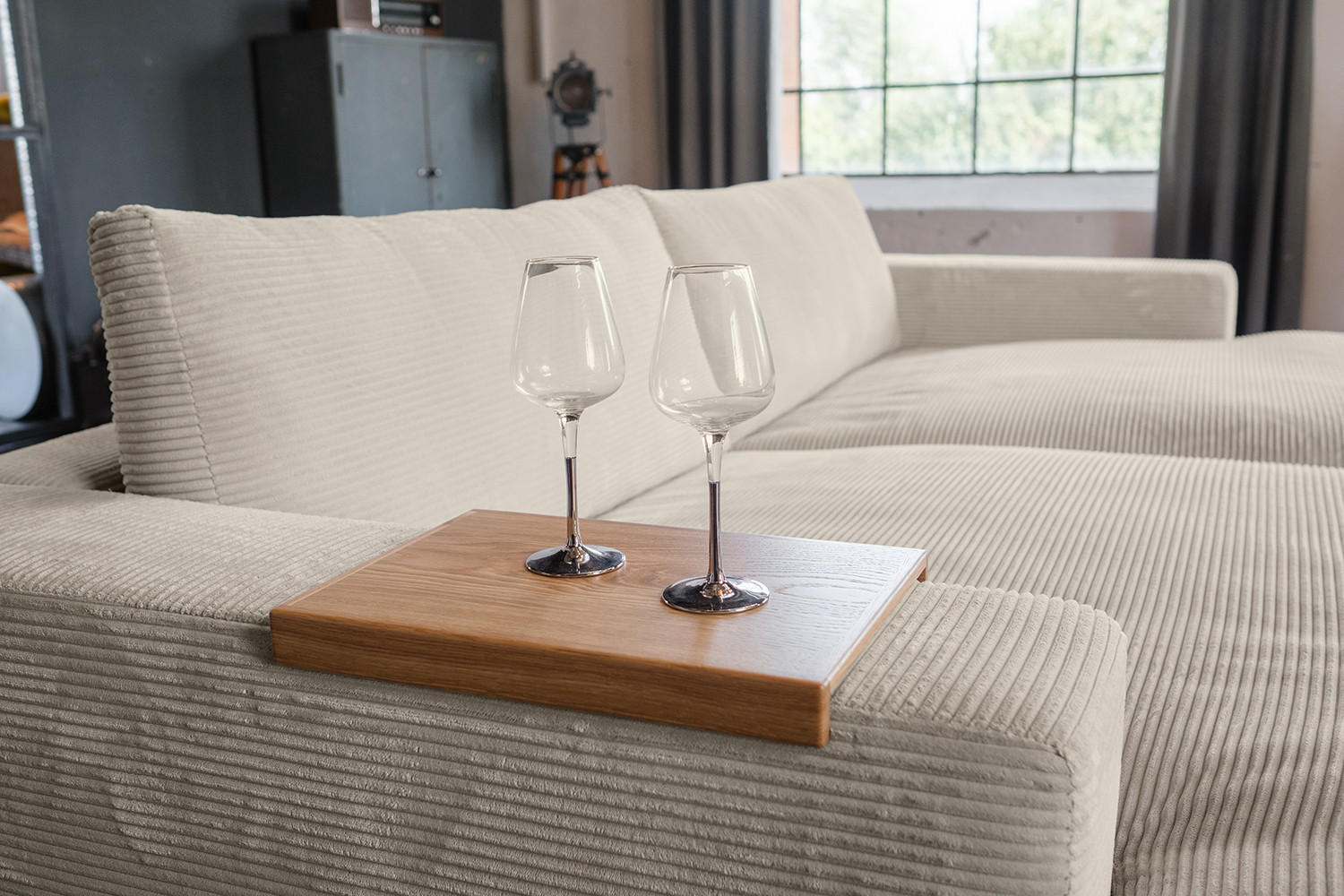 BIG SOFA-SET MIT TABLETT NATUR MADELINE Cremeweiß Cord - Creme/Schwarz, Kunststoff/Textil (290/85/170cm) - KAWOLA