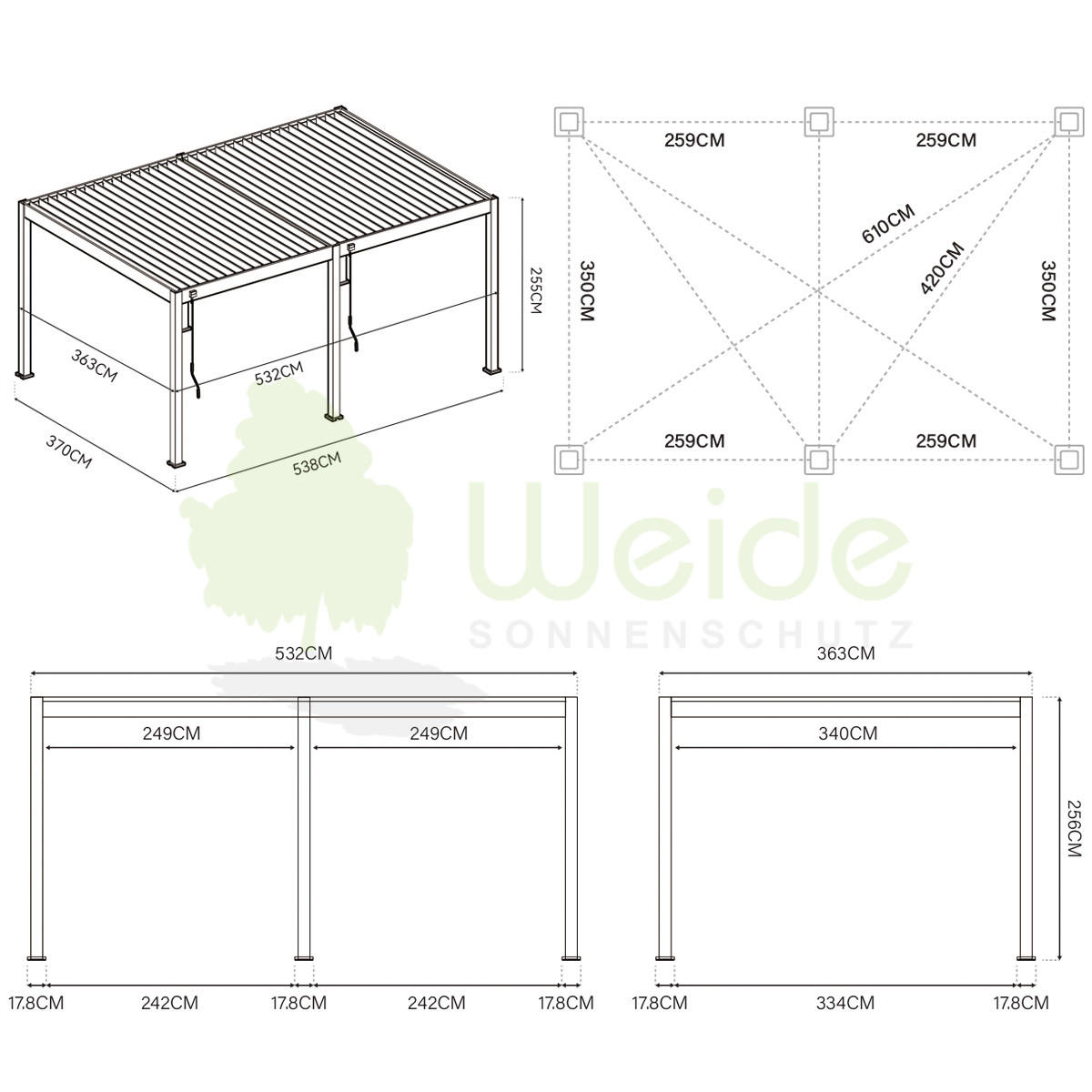PERGOLA Deluxe Elektrisch Pavillon Terrassenüberdachung Aluminium LED 3,6 x 5,3 m - Weiß, Metall (360/255/530cm) - WEIDE