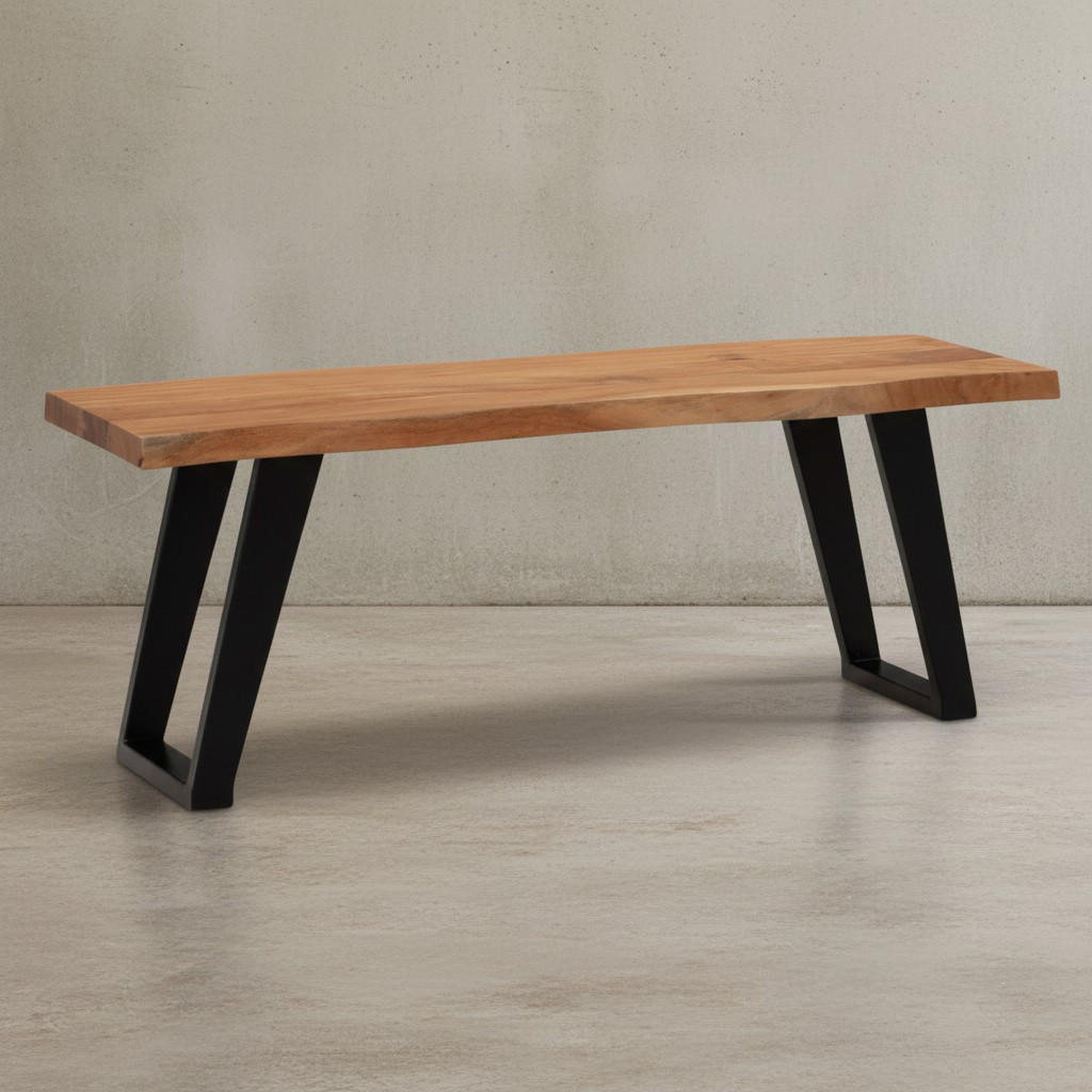 SITZBANK – Akazie Massivholz/Metall, 120x40x45,5 cm, mit Baumkante, U-Beine - Schwarz/Braun, Holz/Metall (120/46/40cm) - KADIMA DESIGN
