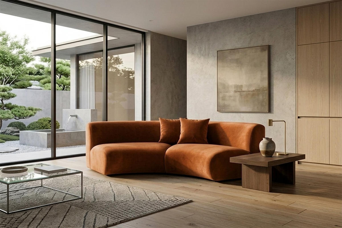 SOFA Round, Velvet-Stoff Bluvel, Zimtfarbe, GRETA - Orange, Holz (294/70/89cm) - Kaiser Möbel