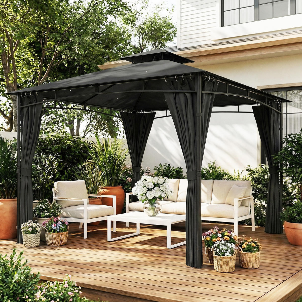 PAVILLON DE-12749 300/300 cm UV50+ wasserdicht mit Doppeldach Anthrazitgrau - Dunkelgrau, Metall (300/285/300cm) - ComfortXL