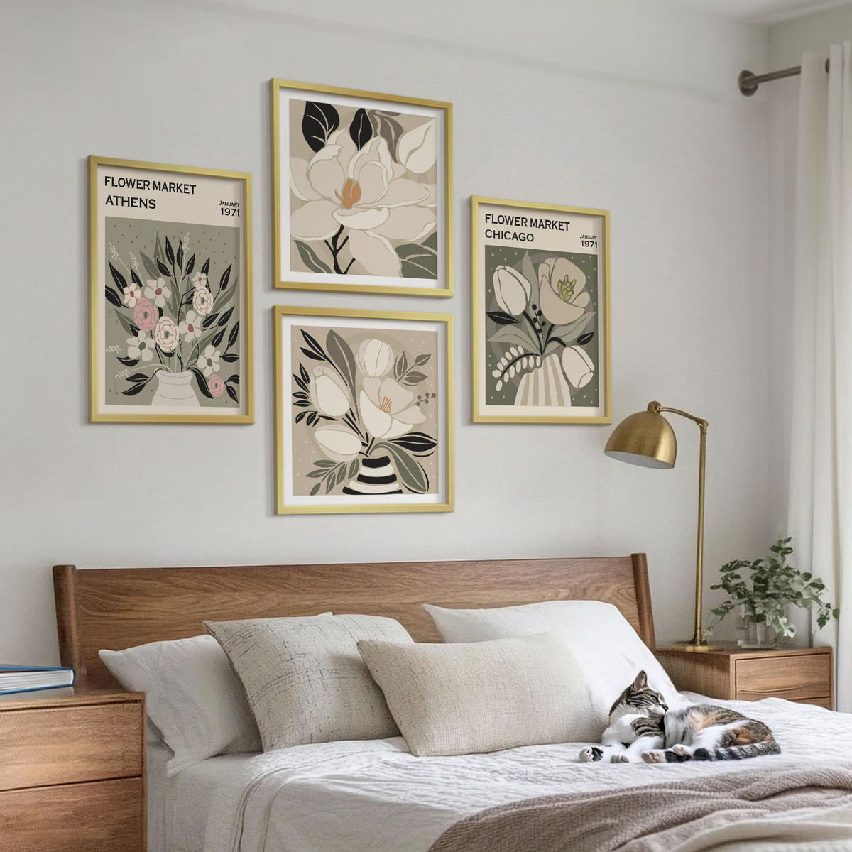 BILDER SET 4er Set - 50x50 cm & 40x60 cm Goldrahmen - Retro-Blumenmuster aus verschiedenen Städten - Goldfarben, Kunststoff (50/50cm) - TULUP