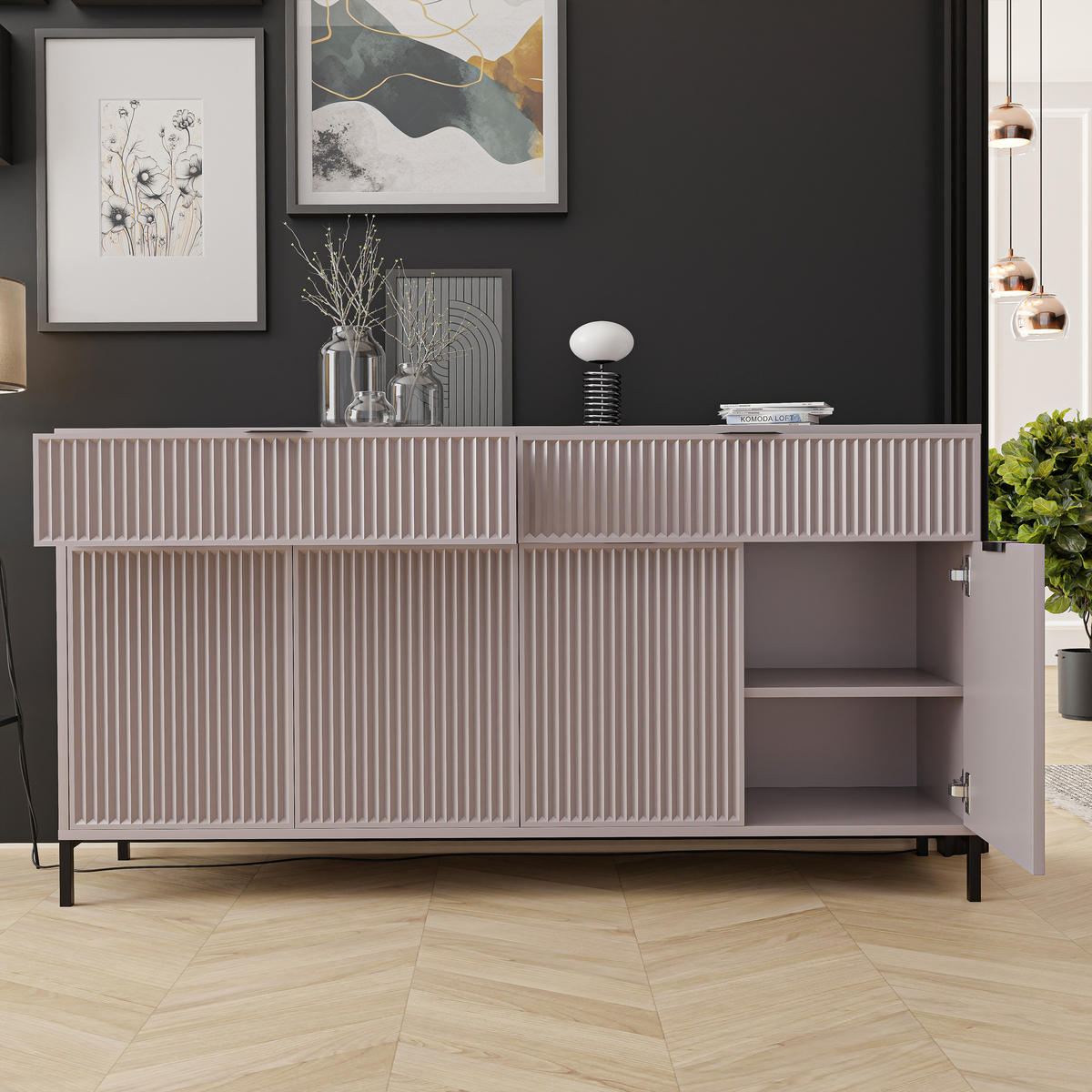 KOMMODE mit 2 Schubladen und 4 Türen, Beige - Kaschmir/Schwarz, Holzwerkstoff/Metall (165.3/86/40.6cm) - Idohome