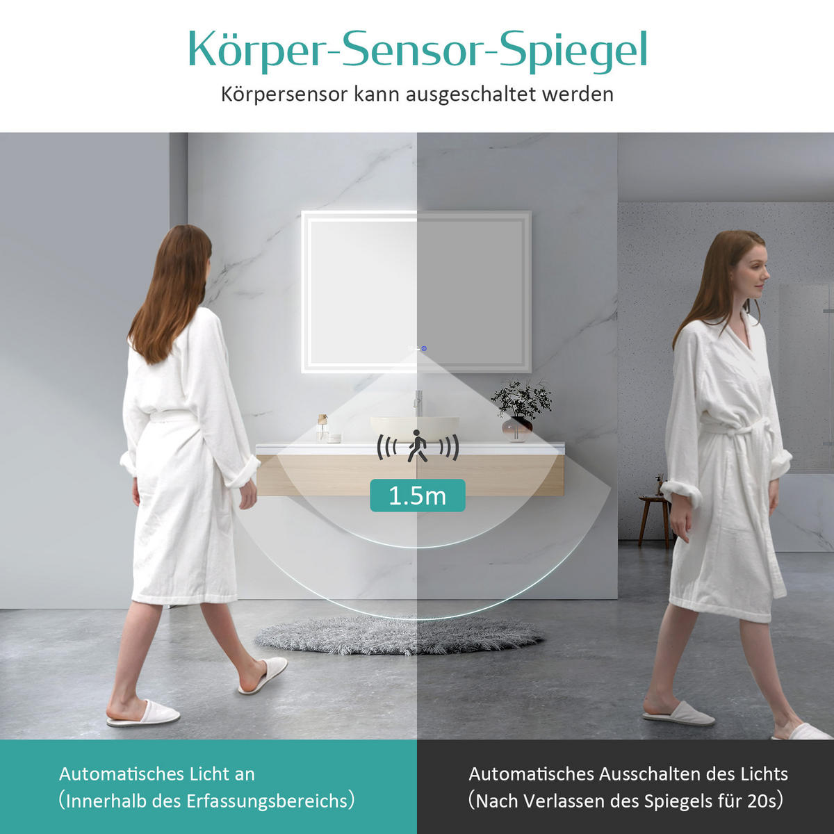 BADSPIEGEL mit Beleuchtung mit Bewegungssensor, 80/60/3,5 cm - Weiß, Glas (60/3.5/80cm) - EMKE