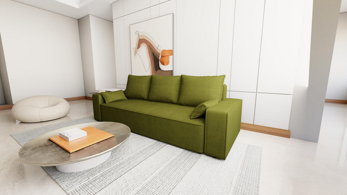 SOFA Veno mit Bettkasten und Schlaffunktion, Velourstoff - Olivgrün, Holzwerkstoff (242/85/95cm)