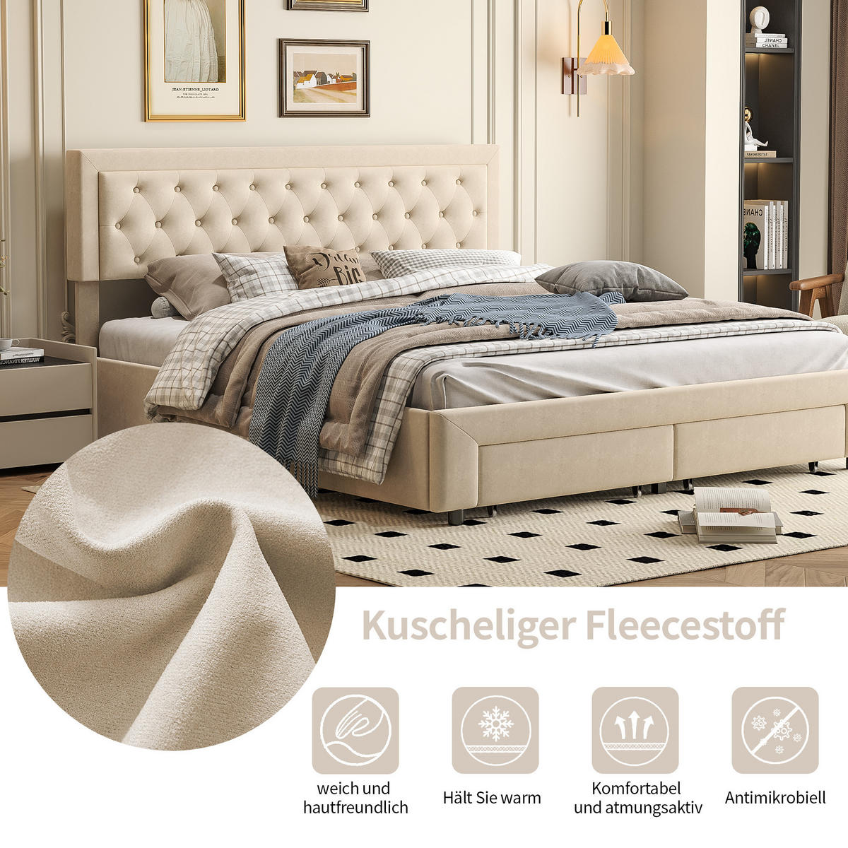 POLSTERBETT 180x200 cm mit 2 Fußschubladen, Hydraulischer Bettkasten, beiger Samtstoff - Beige, Holz (180/200cm) - BRILVERDE