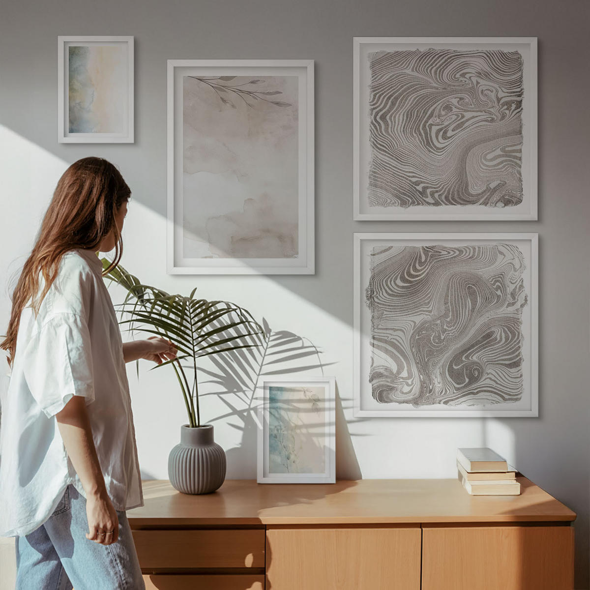 WANDBILDER 5er-Set - 50x50 cm & 20x30 cm & 40x60 cm Weißer Rahmen - Zarte Aquarellkartons - Weiß, Kunststoff (40/60cm) - ArtPrintCave