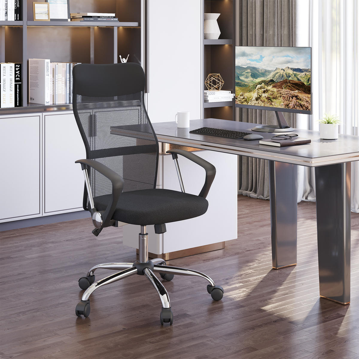 ERGONOMISCHER, Bürostuhl, Netz, Schwarz - Schwarz, Kunststoff (65/119/63cm) - HOMCOM