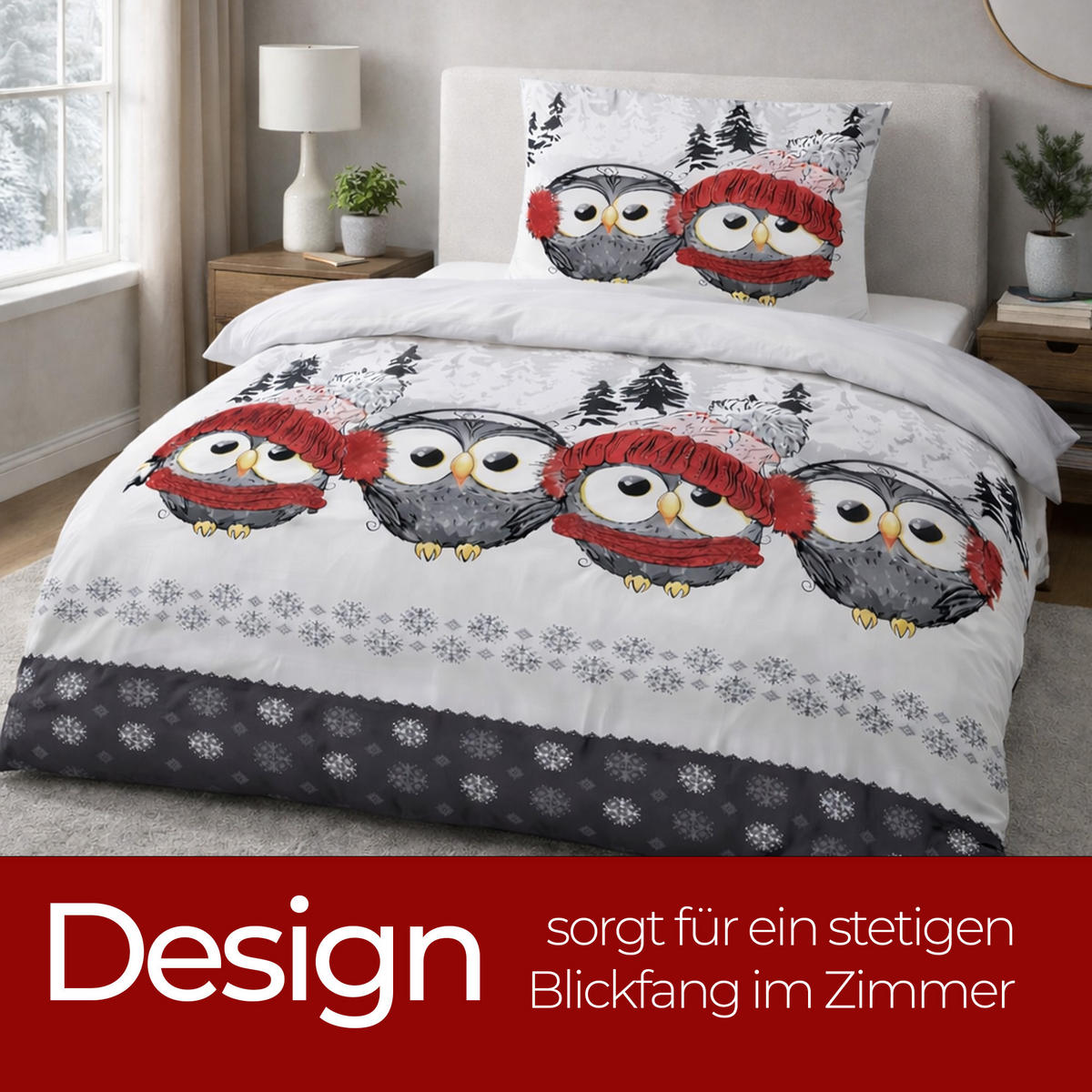 BETTWÄSCHE Feinbiber Herbst/Winter 135/200 cm Grau (Eule) - Rot/Grau, Textil (135/200cm) - Bestlivings