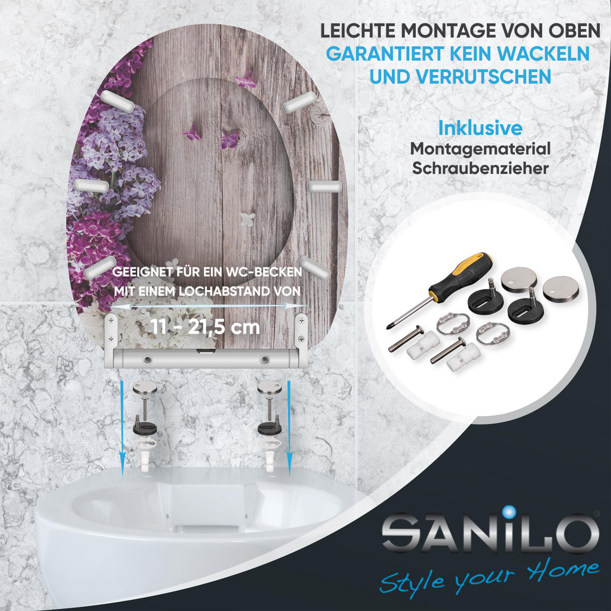 WC-SITZ mit Absenkautomatik & Top Fix Flieder - Violett, Holzwerkstoff (37.7/5.5/48cm) - Sanilo