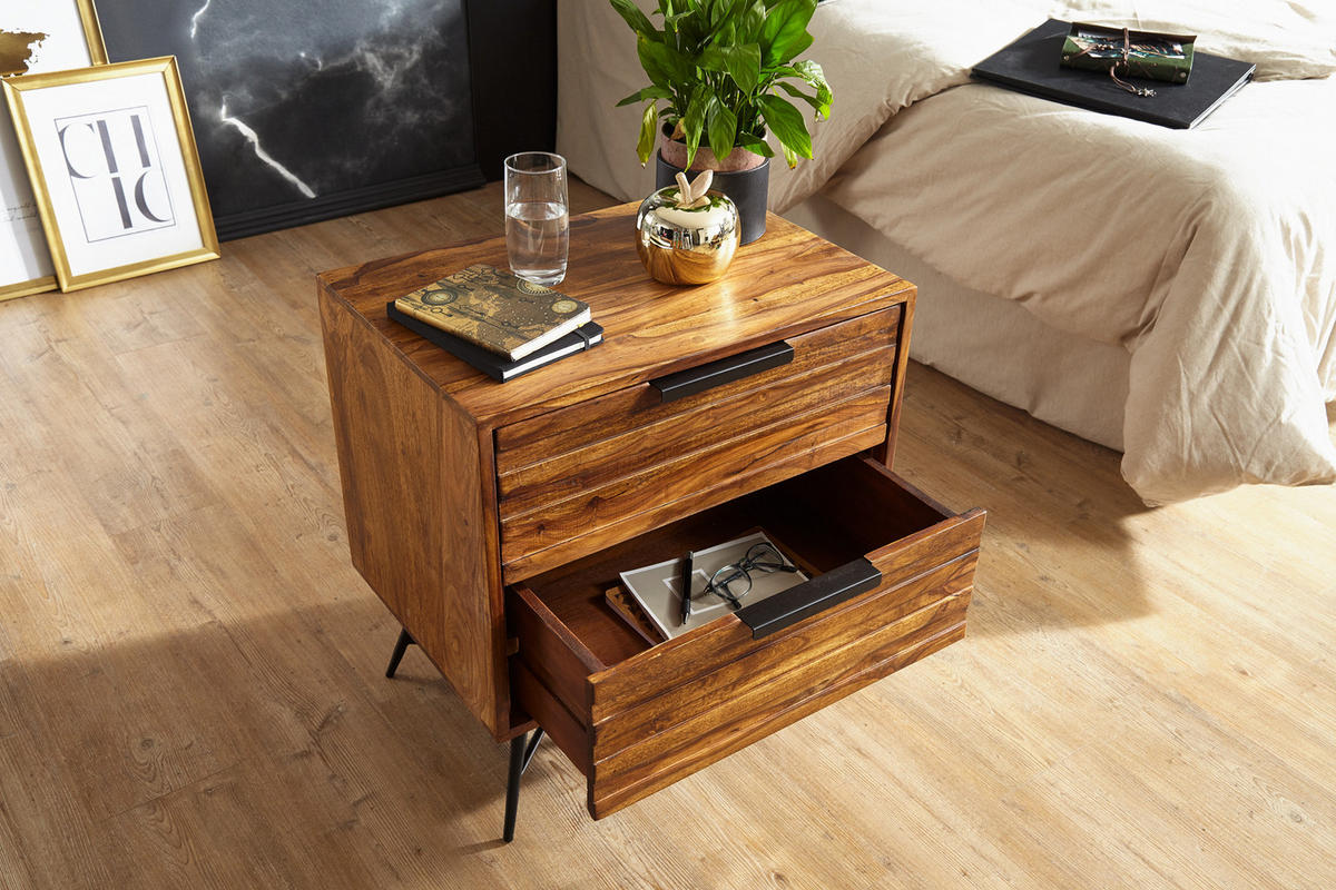 NACHTTISCH – Massivholz/Metall, große Schubladen, Industrial-Stil - Schwarz/Braun, Holz/Metall (60/60/40cm) - KADIMA DESIGN