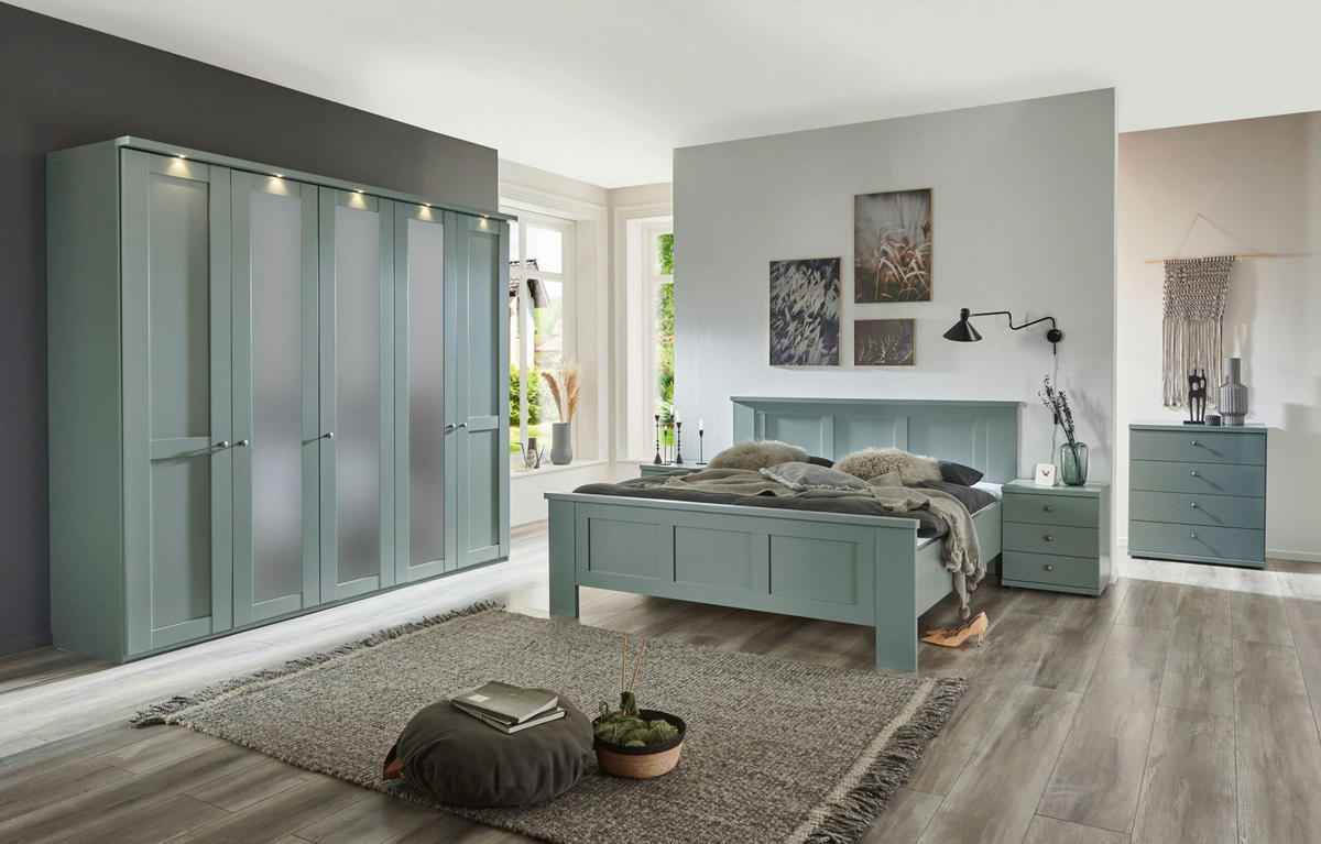 SCHLAFZIMMER Greenholm in Salbeigrün 4 teilig mit Kleiderschrank 250cm Breite mit Spiegel, 180er Doppelbett und zwei Nachtschränken - Grün, Holzwerkstoff (80/200/120cm)