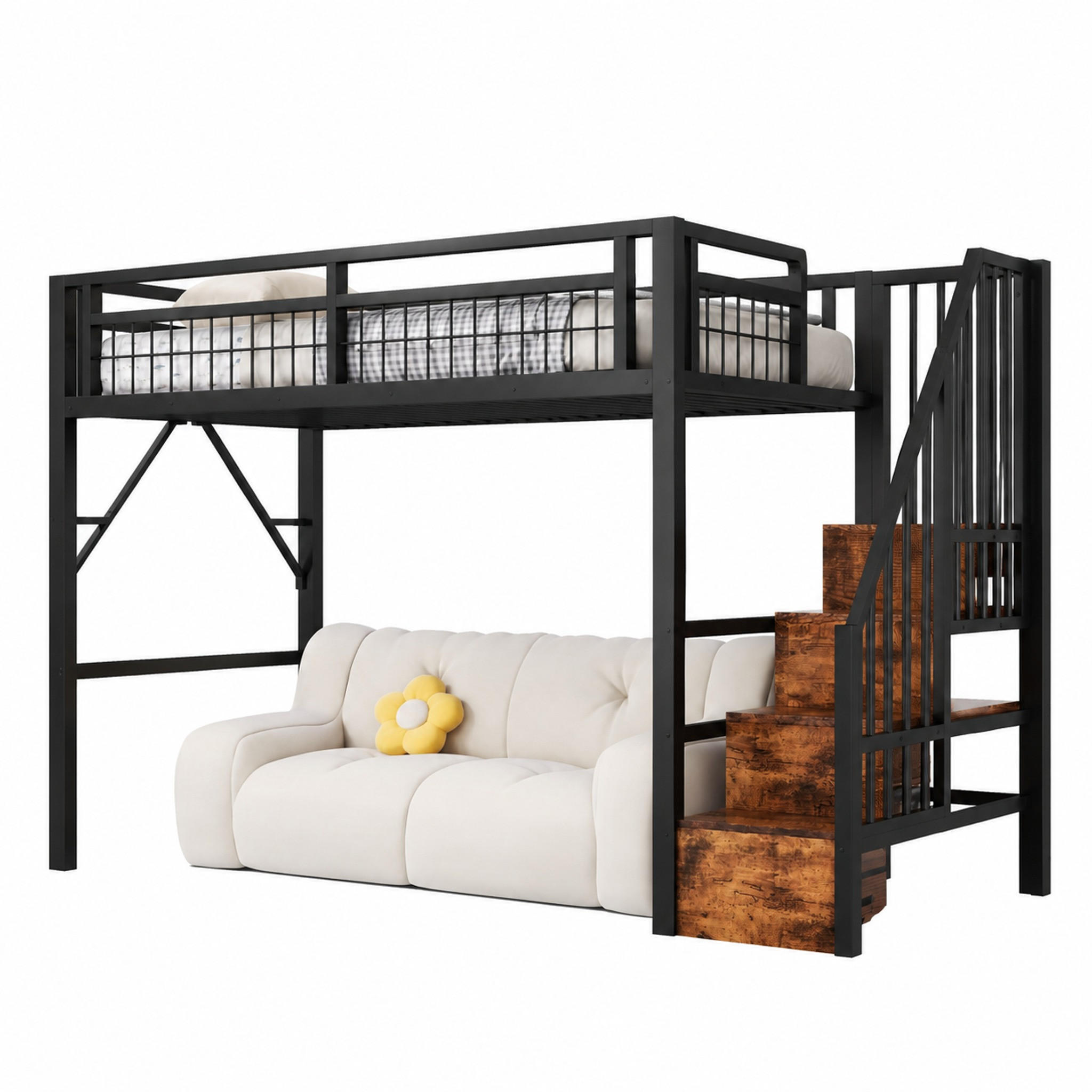 HOCHBETT mit LED und Stauraumtreppe 90x200 cm Metall Schwarz - Schwarz, Metall (90/200cm) - Meubliv