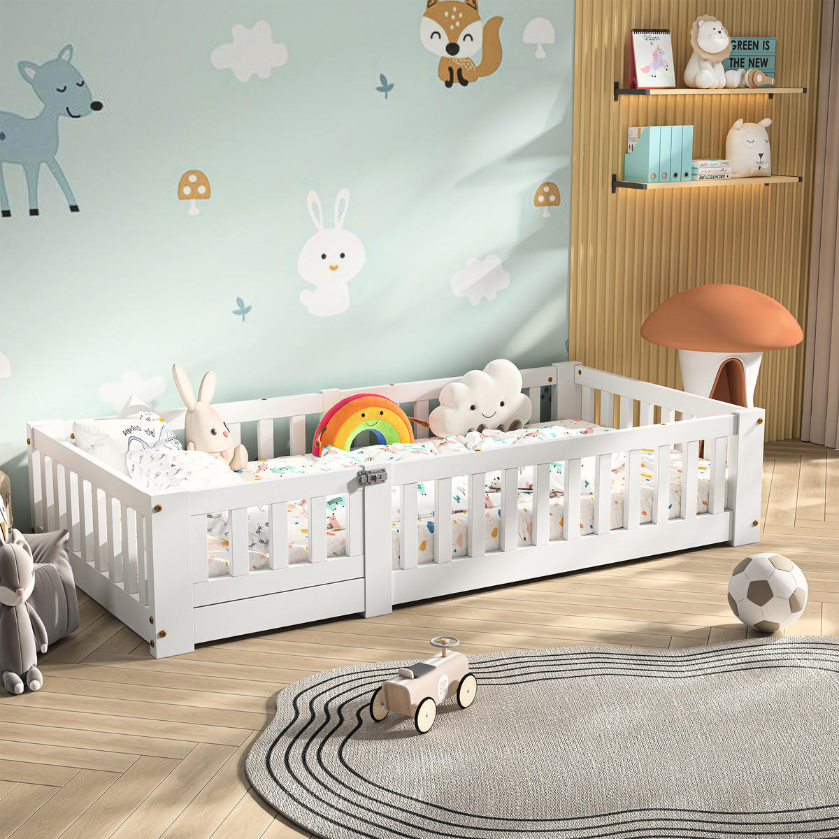 KINDERBETT 90x190 Bodenbett mit Rausfallschutz, Montessori Bett aus Massivholz - Weiß, Holz/Metall (80/160cm) - PARAFTA HOME